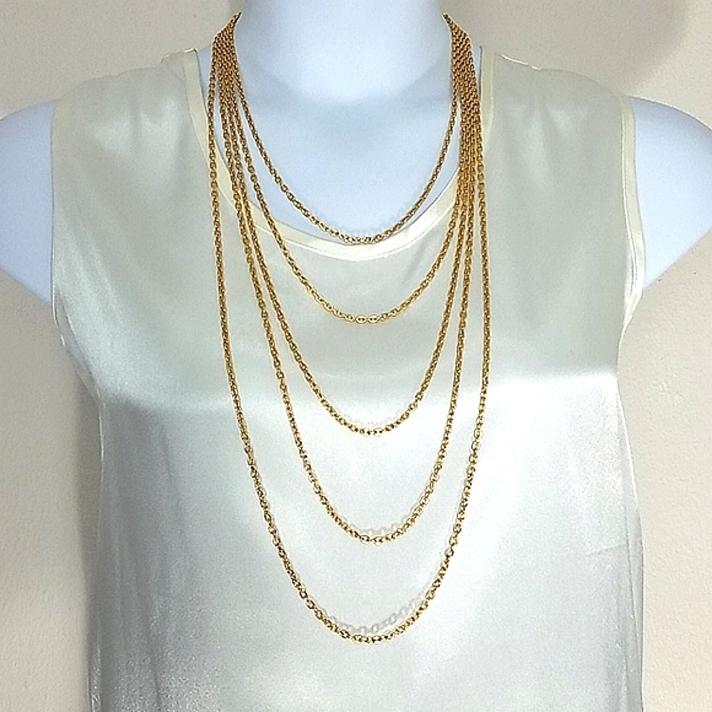 Necklace layered 5 strand paperclip chain gold plated long NEW